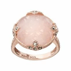 Lavish By TJM 18k Rose Gold Over Silver Rose Quartz & Marcasite Circle Ring