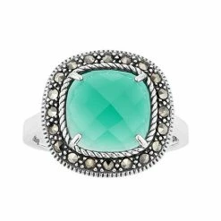 Lavish By TJM Sterling Silver Cushion Green Agate & Marcasite Ring