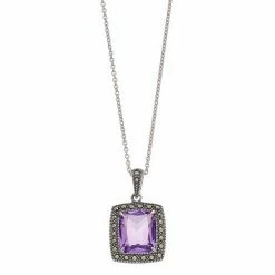 Lavish By TJM Sterling Silver Lab-Created Amethyst & Marcasite Cushion Pendant Necklace