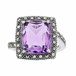 Lavish By TJM Sterling Silver Lab-Created Amethyst & Marcasite Cushion Ring