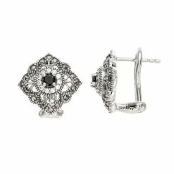 Lavish By TJM Sterling Silver Black Spinel, Marcasite & Cubic Zirconia Accent Omega Earrings