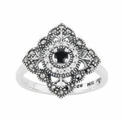 Lavish By TJM Sterling Silver Black Spinel & Marcasite & White Cubic Zirconia Accent Filigree Ring