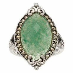 Lavish By TJM Sterling Silver Green Aventurine & Marcasite Marquise Ring
