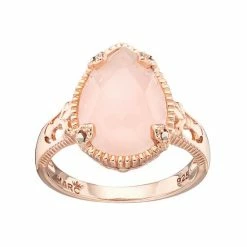 Lavish By TJM 18k Rose Gold Over Silver Rose Quartz & Marcasite Teardrop Ring