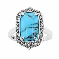 Lavish By TJM Sterling Silver Lab-Created Turquoise Cabochon & Marcasite Rectangular Ring