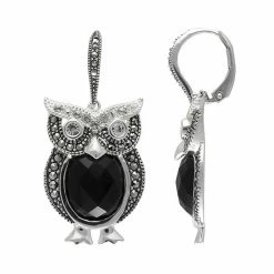 Lavish By TJM Sterling Silver Onyx & Crystal Owl Drop Earrings