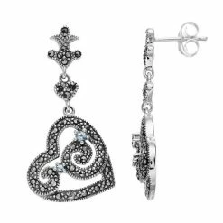 Lavish By TJM Sterling Silver Sky Blue Topaz & Marcasite Heart Drop Earrings