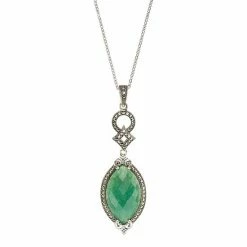 Lavish By TJM Sterling Silver Aventurine & Marcasite Marquise Pendant