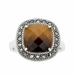 Lavish By TJM Sterling Silver Cushion Tiger's Eye & Marcasite Ring