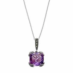 Lavish By TJM Sterling Silver Lab-Created Amethyst & Marcasite Pendant