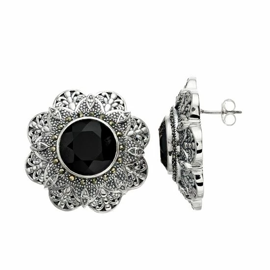 Lavish By TJM Sterling Silver Onyx & Marcasite Floral Stud Earrings 3 Lavish By TJM Sterling Silver Onyx & Marcasite Floral Stud Earrings