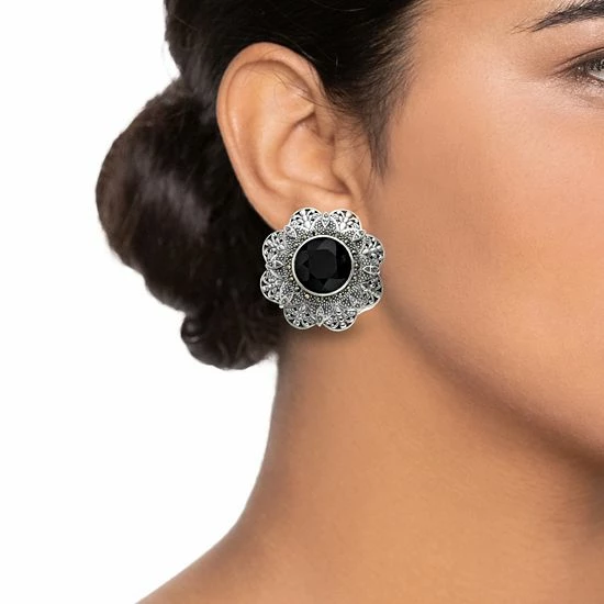 Lavish By TJM Sterling Silver Onyx & Marcasite Floral Stud Earrings 4 Lavish By TJM Sterling Silver Onyx & Marcasite Floral Stud Earrings - Image 2