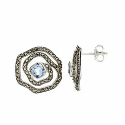 Lavish By TJM Sterling Silver Lab-Created Blue Quartz & Marcasite Rose Stud Earrings