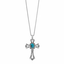 Lavish By TJM Sterling Silver Lab-Created Turquoise & Marcasite Cross Pendant Necklace