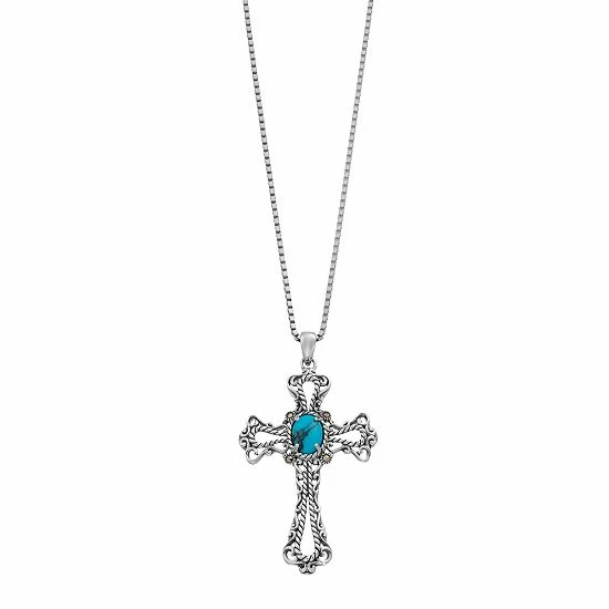 Lavish By TJM Sterling Silver Lab-Created Turquoise & Marcasite Cross Pendant Necklace 3 Lavish By TJM Sterling Silver Lab-Created Turquoise & Marcasite Cross Pendant Necklace