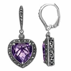 Lavish By TJM Sterling Silver Lab-Created Amethyst & Marcasite Heart Earrings