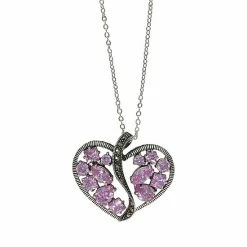 Lavish By TJM Sterling Silver Heart Pink CZ & Marcasite Pendant Necklace