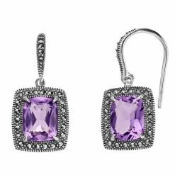 Lavish By TJM Sterling Silver Lab-Created Amethyst & Marcasite Cushion Earrings