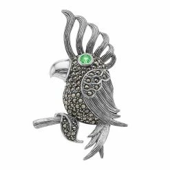 Lavish By TJM Sterling Silver Green Cubic Zirconia & Marcasite Cockatoo Bird Brooch