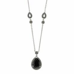 Lavish By TJM Sterling Silver Black Onyx & Marcasite Teardrop Pendant