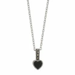 Lavish By TJM Sterling Silver Onyx & Marcasite Heart Pendant