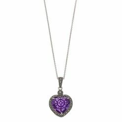 Lavish By TJM Sterling Silver Lab-Created Amethyst & Marcasite Heart Pendant Necklace