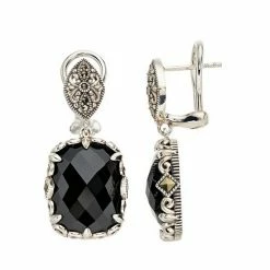 Lavish By TJM Sterling Silver Black Onyx & Marcasite Cushion Dangle Earrings