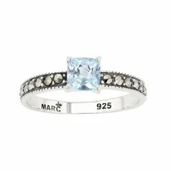 Lavish By TJM Sterling Silver Cushion Cut Sky Blue Topaz & Marcasite Ring